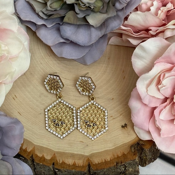 Gold Crystal Honeycomb Earrings with Bumblebee - Picture 5 of 16